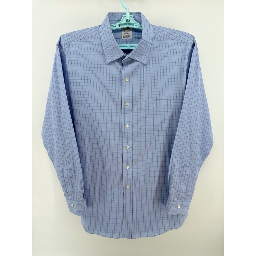Brooks Brothers Regent Fit Non-Iron Shirt Mens 17.5 35 Blue Check Supima Cotton
